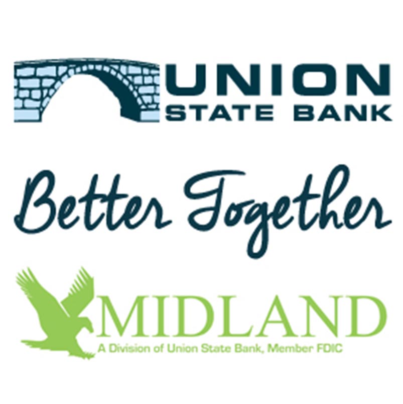Image of the Union State Bank stone bridge logo and Midland, a Division of Union State Bank logo with the text "Better Together" in between.