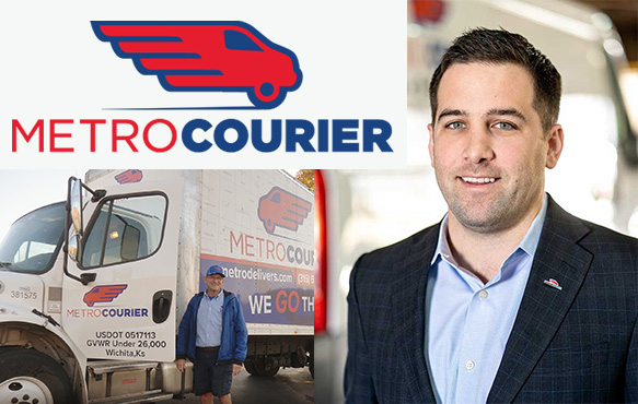 Photo collage containing logo of Metro Courier, photo of delivery truck with delivery person and photo of CFO James Oberwortmann.