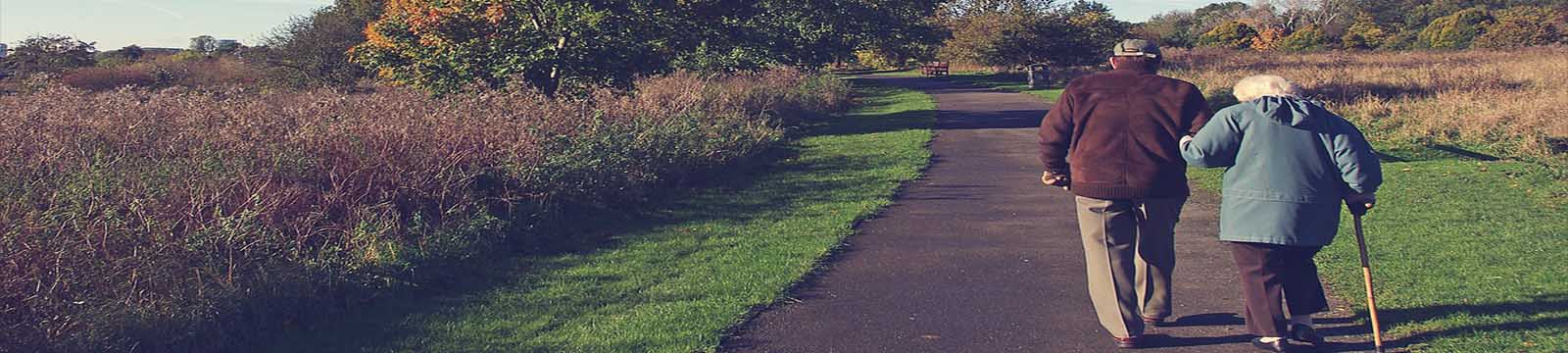 Photo of an elderly couple walking down a path together.