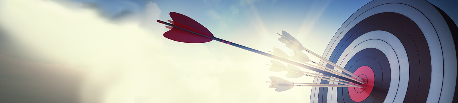 Image of a target with several small arrows and one large arrow hitting the bullseye. cloud background.