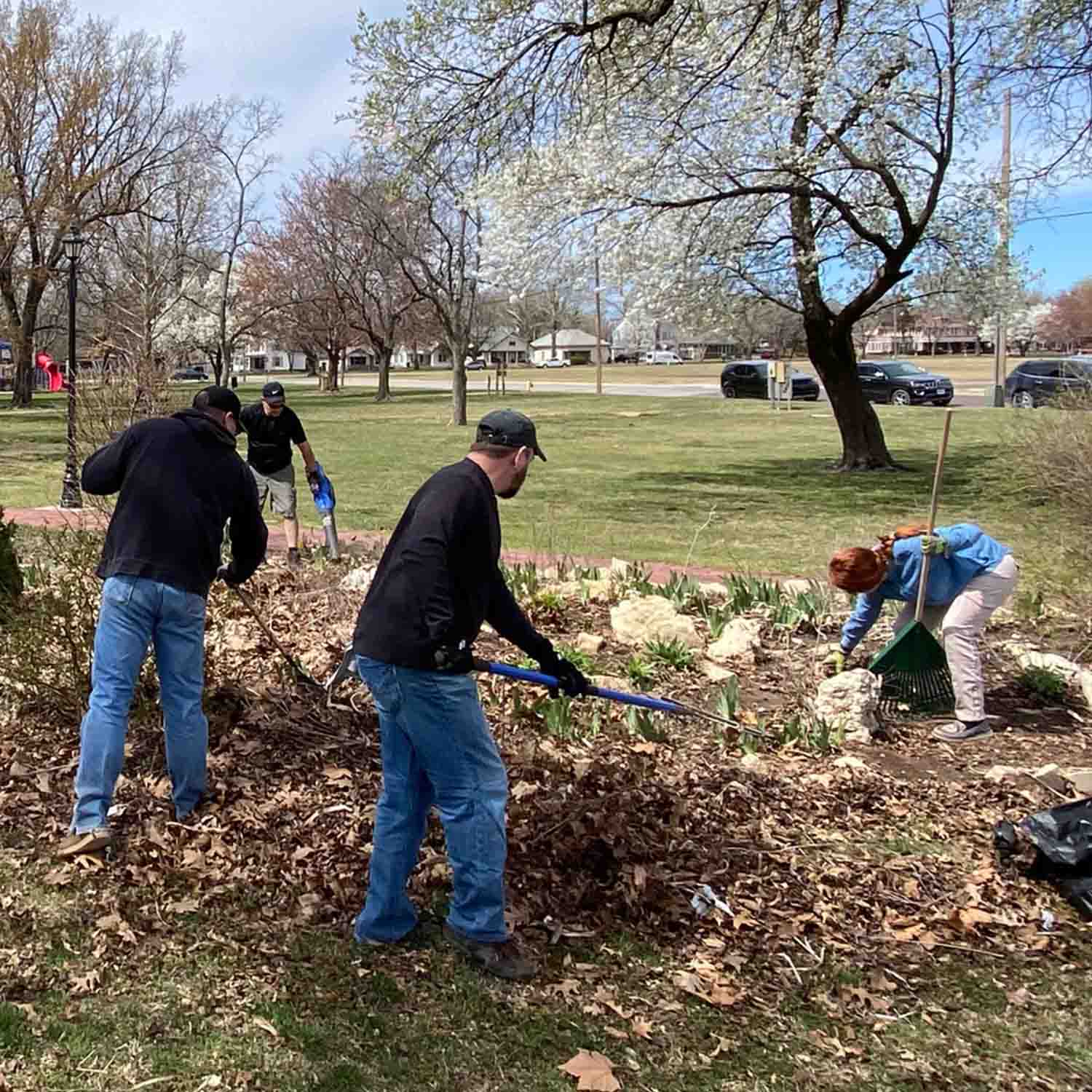 Photo of Union State Bank staff raking leaves in a park as part of Bill Docking Day.